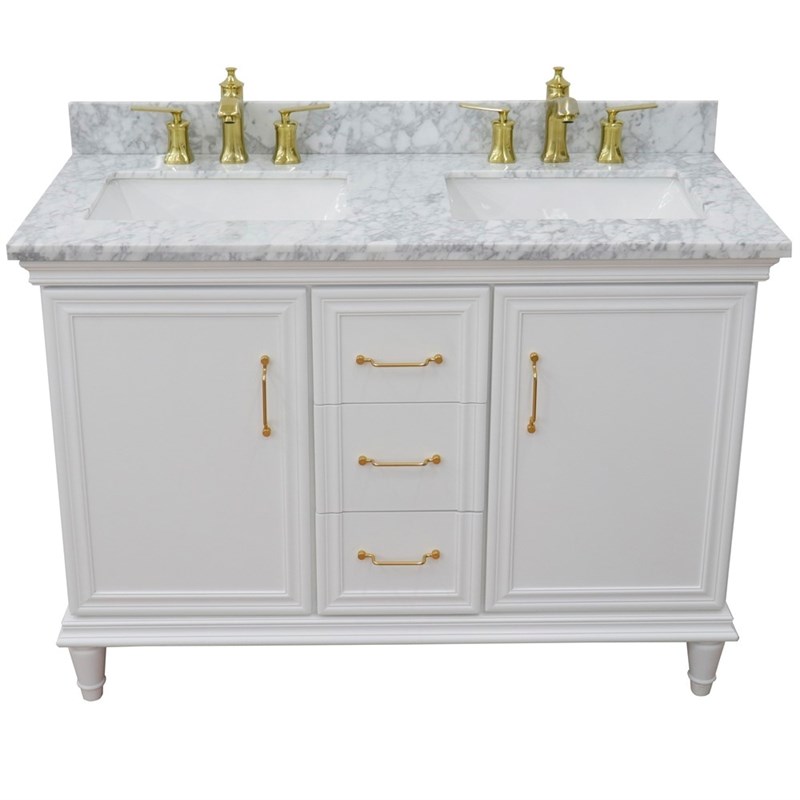 49 in. Double Wooden Vanity White with White Carrara Rectangle Sink