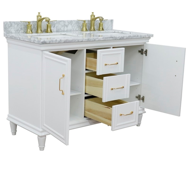 49 in. Double Wooden Vanity White with White Carrara Rectangle Sink