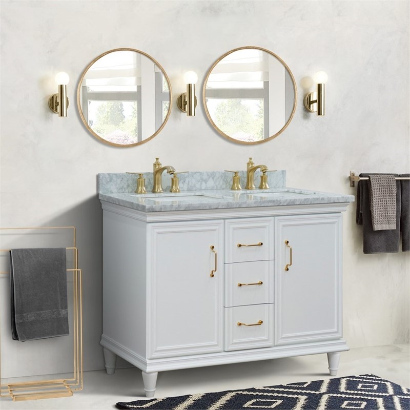 49 in. Double Wooden Vanity White with White Carrara Rectangle Sink