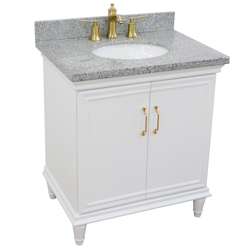 31 in. Single Wooden Vanity  White with Gray Granite Oval Sink