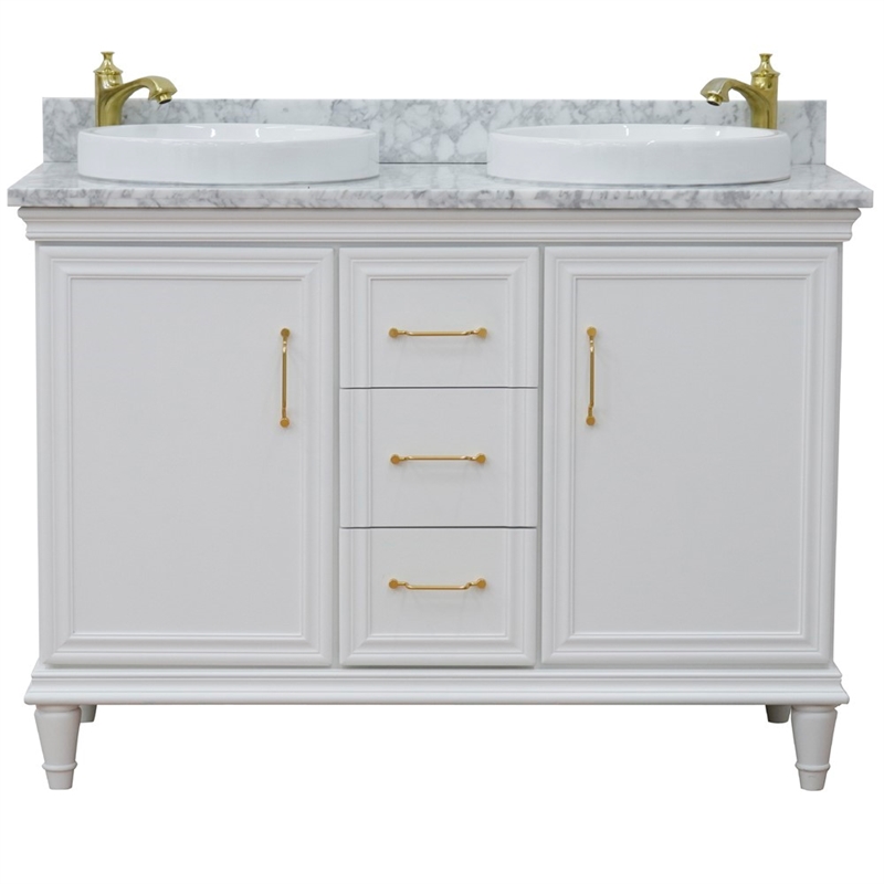 49 in. Double Wooden Vanity White with White Carrara Round Sink