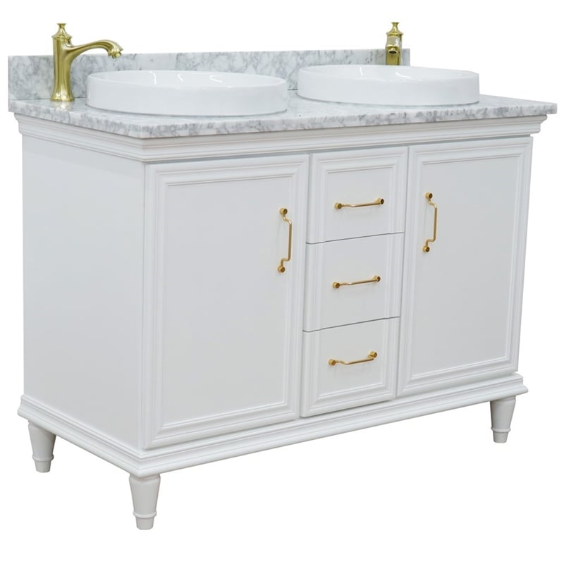49 in. Double Wooden Vanity White with White Carrara Round Sink