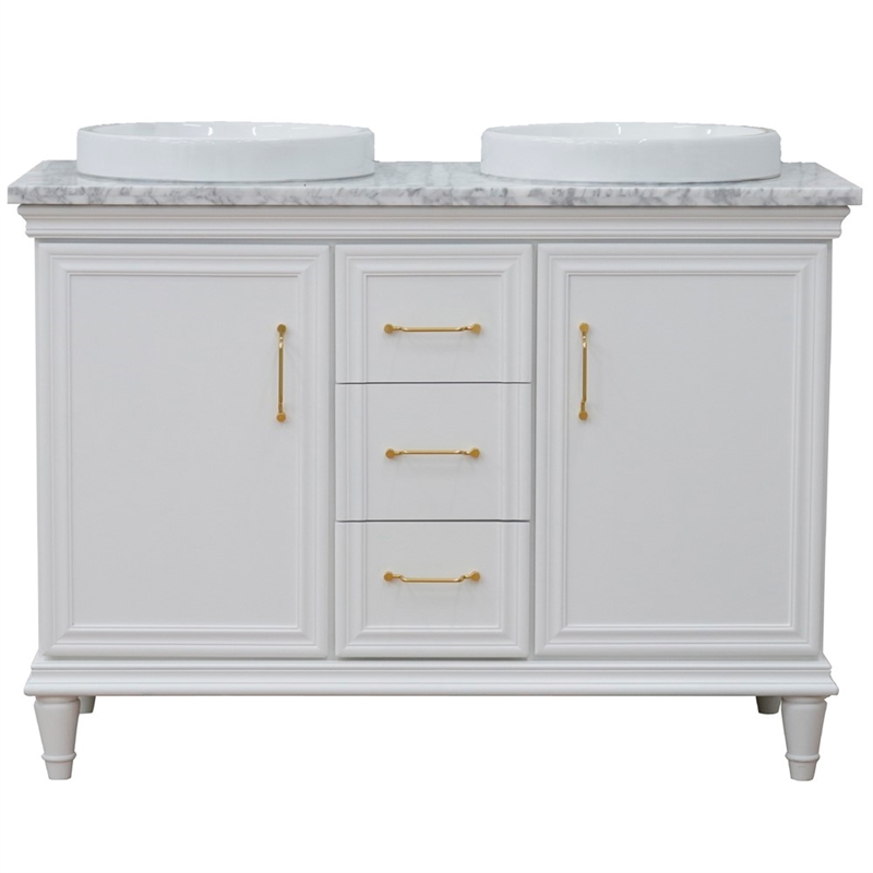 49 in. Double Wooden Vanity White with White Carrara Round Sink