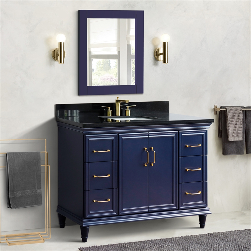 49 in. Single Wooden Vanity  Blue with Black Galaxy Granite Rectangle Sink