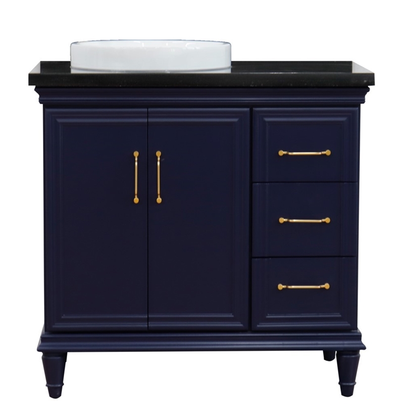 37 in. Single Wooden Vanity  Blue Black Galaxy Round Left Door.Left Sink