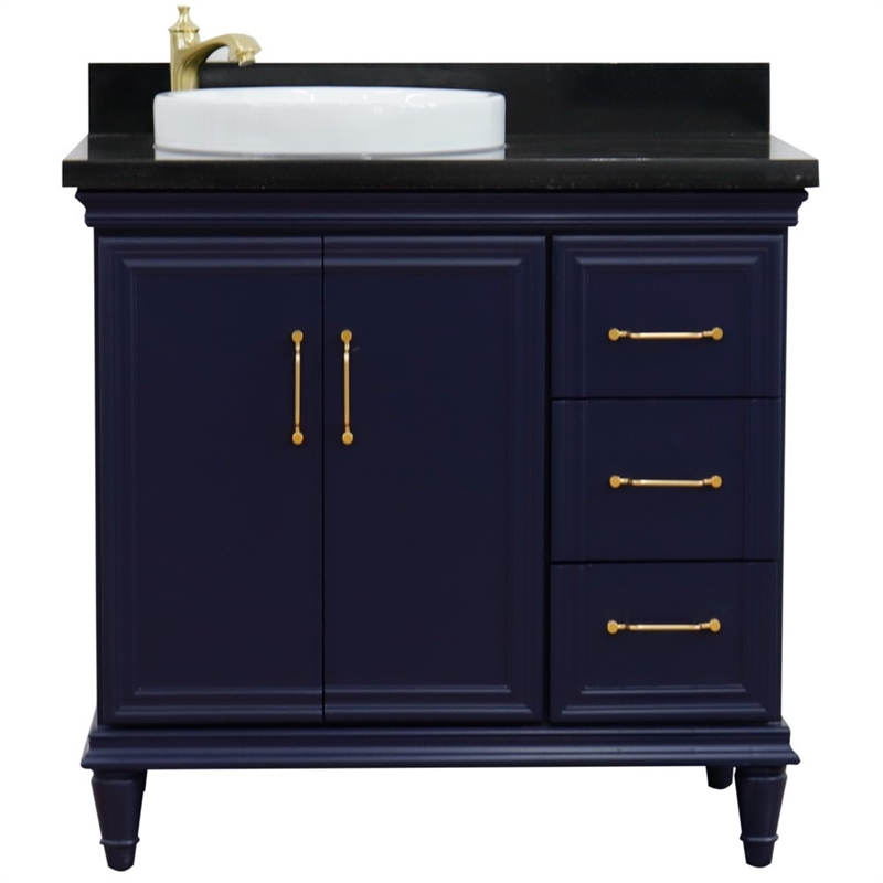 37 in. Single Wooden Vanity  Blue Black Galaxy Round Left Door.Left Sink