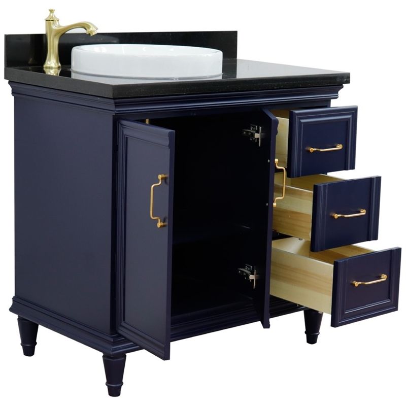 37 in. Single Wooden Vanity  Blue Black Galaxy Round Left Door.Left Sink