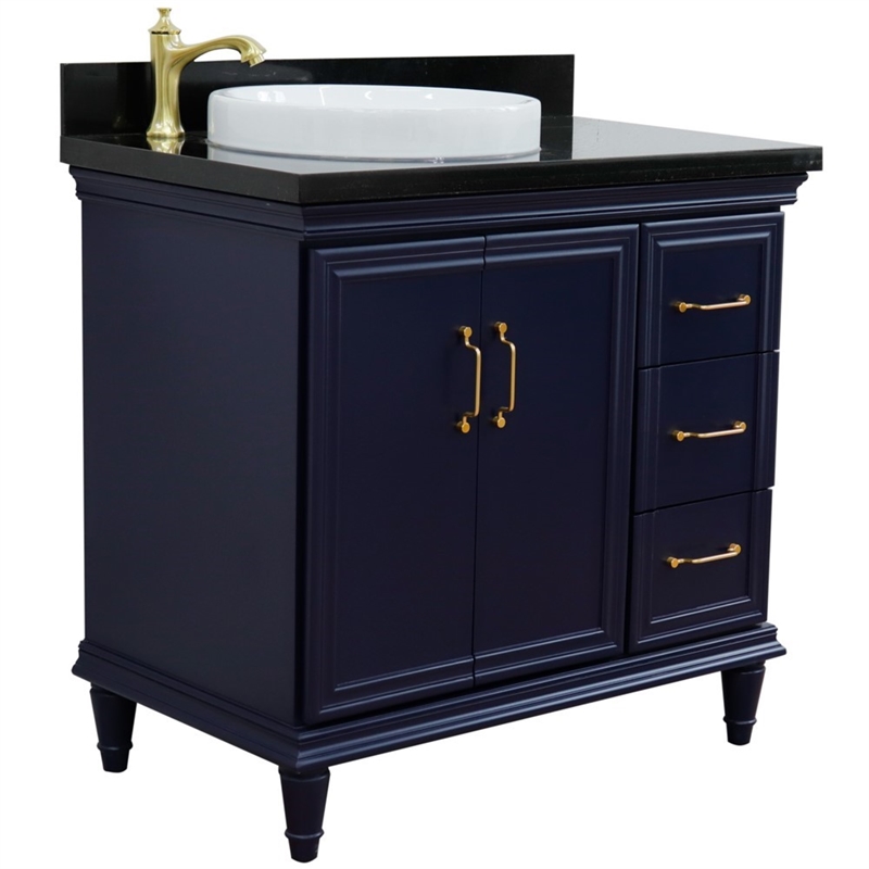 37 in. Single Wooden Vanity  Blue Black Galaxy Round Left Door.Left Sink