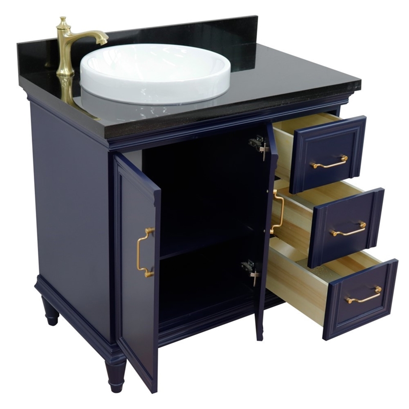 37 in. Single Wooden Vanity  Blue Black Galaxy Round Left Door.Left Sink