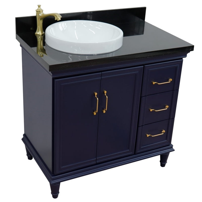 37 in. Single Wooden Vanity  Blue Black Galaxy Round Left Door.Left Sink