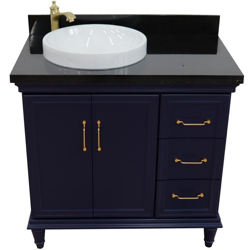 37 in. Single Wooden Vanity  Blue Black Galaxy Round Left Door.Left Sink
