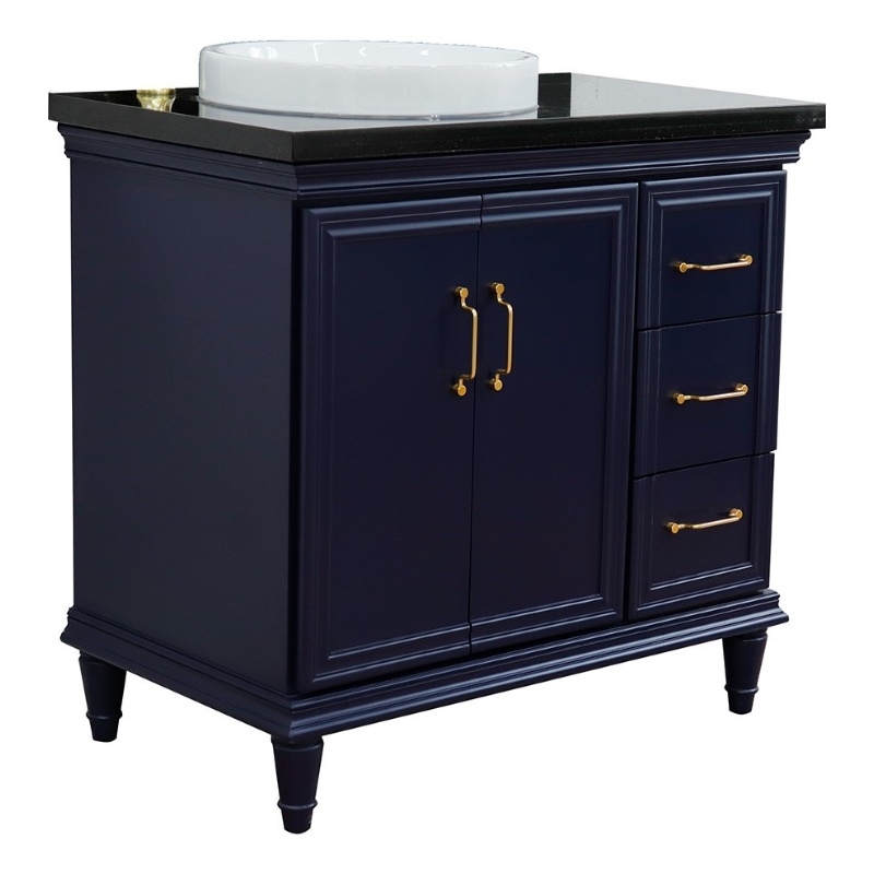 37 in. Single Wooden Vanity  Blue Black Galaxy Round Left Door.Left Sink