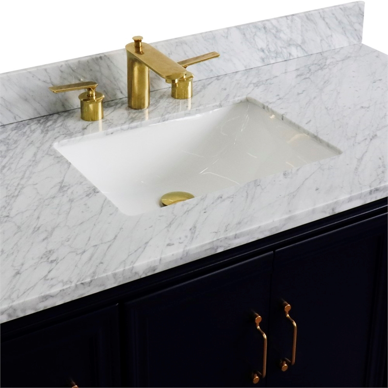 49 in. Single Wooden Vanity  Blue with White Carrara Marble Rectangle Sink