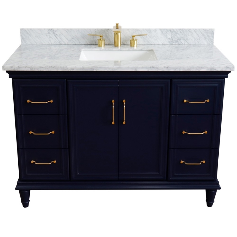 49 in. Single Wooden Vanity  Blue with White Carrara Marble Rectangle Sink