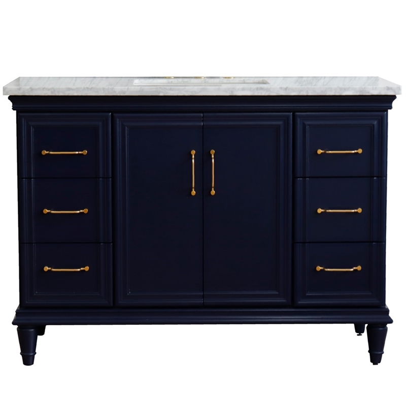 49 in. Single Wooden Vanity  Blue with White Carrara Marble Rectangle Sink