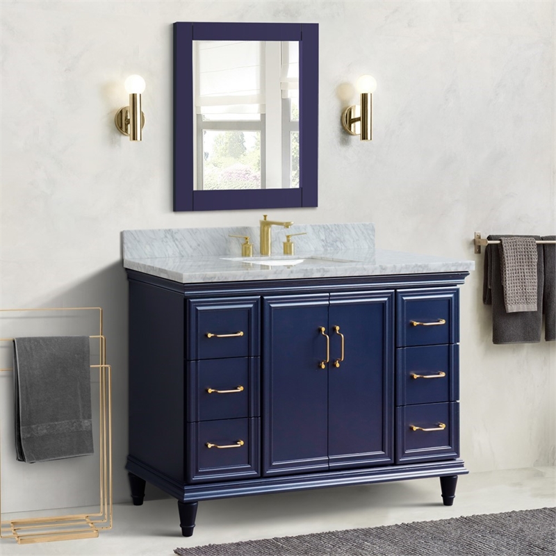 49 in. Single Wooden Vanity  Blue with White Carrara Marble Rectangle Sink