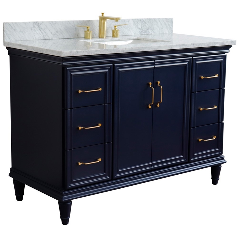 49 in. Single Wooden Vanity  Blue with White Carrara Marble Rectangle Sink