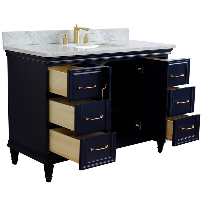 49 in. Single Wooden Vanity  Blue with White Carrara Marble Rectangle Sink