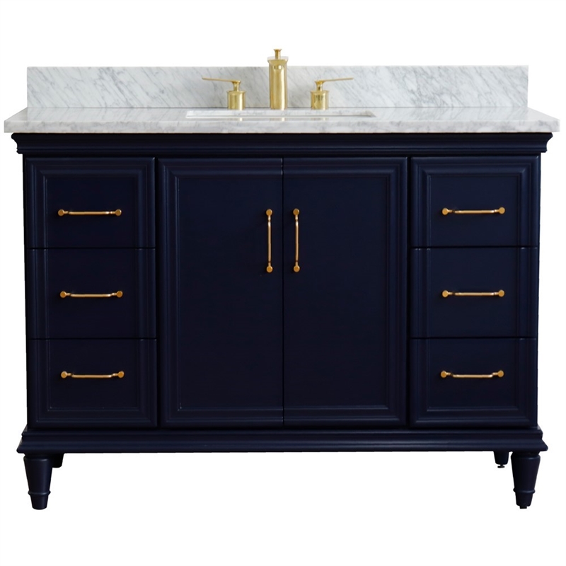 49 in. Single Wooden Vanity  Blue with White Carrara Marble Rectangle Sink