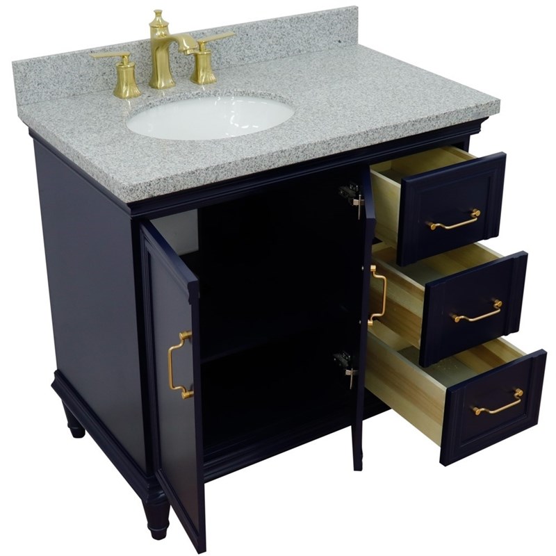 37 in. Single Wooden Vanity  Blue Gray Granite Oval Left Door.Left Sink