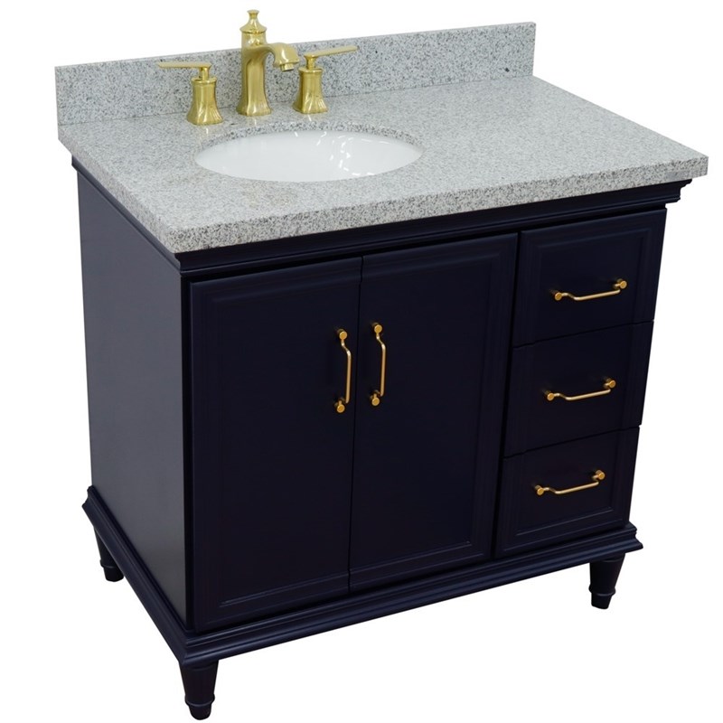 37 in. Single Wooden Vanity  Blue Gray Granite Oval Left Door.Left Sink