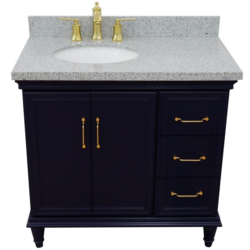 37 in. Single Wooden Vanity  Blue Gray Granite Oval Left Door.Left Sink