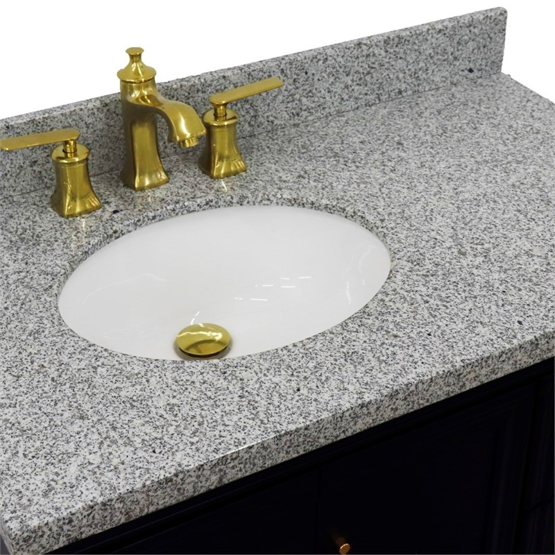 37 in. Single Wooden Vanity  Blue Gray Granite Oval Left Door.Left Sink