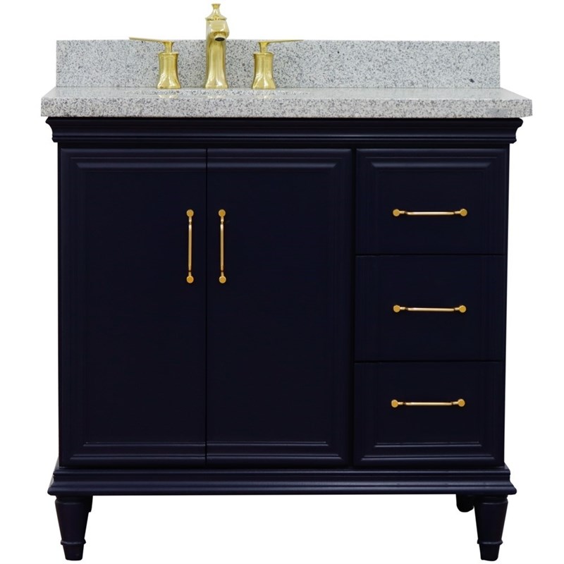 37 in. Single Wooden Vanity  Blue Gray Granite Oval Left Door.Left Sink