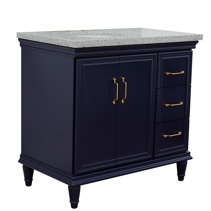 37 in. Single Wooden Vanity  Blue Gray Granite Oval Left Door.Left Sink
