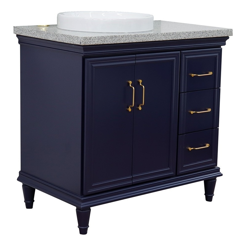 37 in. Single Wooden Vanity  Blue Gray Granite Round Left Door.Left Sink