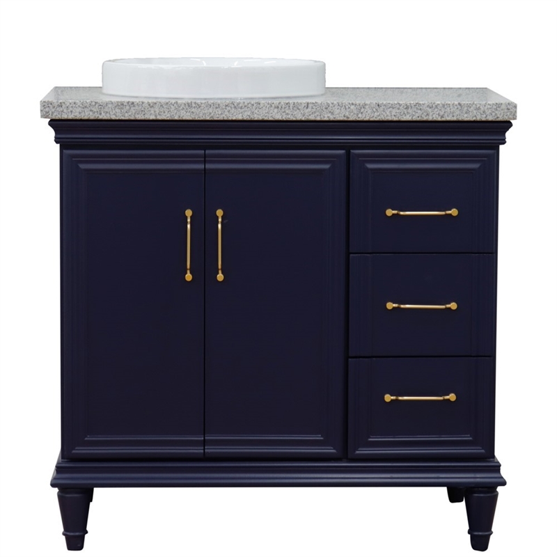 37 in. Single Wooden Vanity  Blue Gray Granite Round Left Door.Left Sink