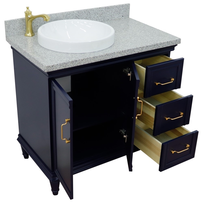 37 in. Single Wooden Vanity  Blue Gray Granite Round Left Door.Left Sink