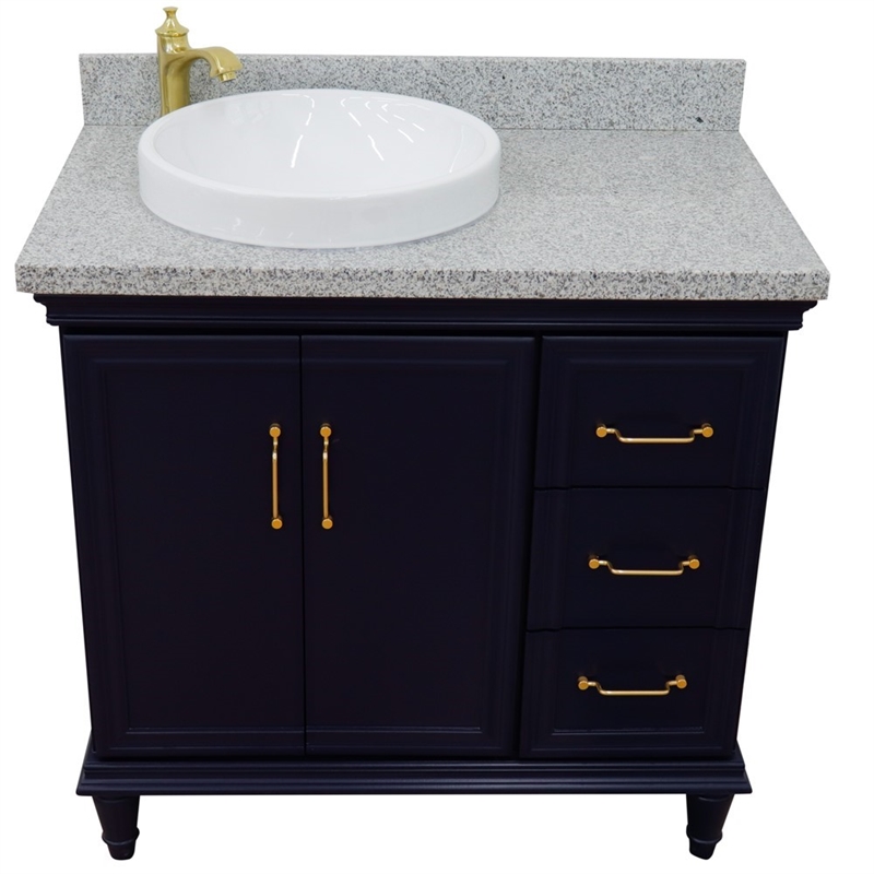 37 in. Single Wooden Vanity  Blue Gray Granite Round Left Door.Left Sink