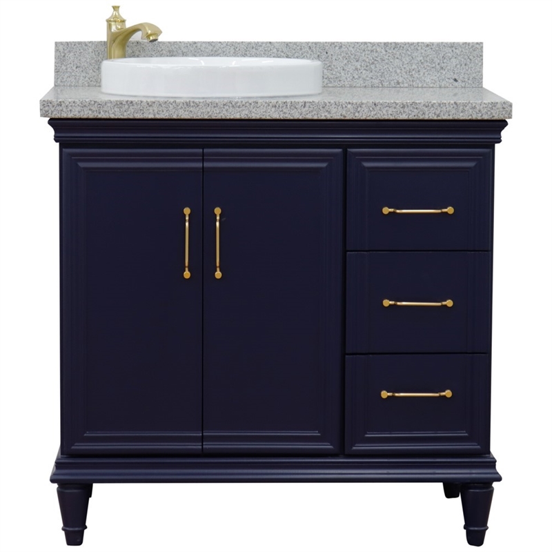 37 in. Single Wooden Vanity  Blue Gray Granite Round Left Door.Left Sink