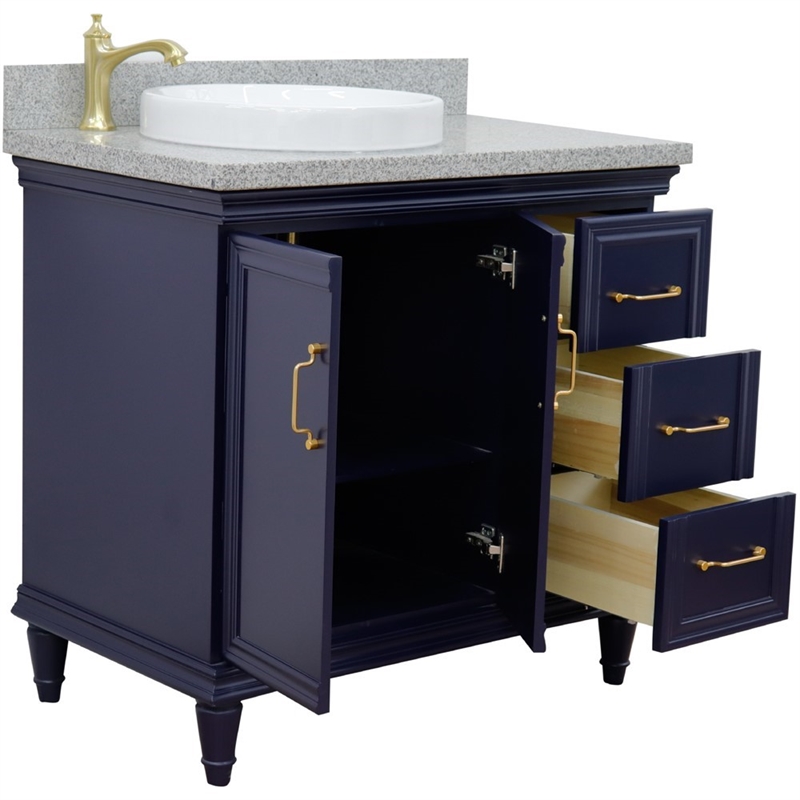 37 in. Single Wooden Vanity  Blue Gray Granite Round Left Door.Left Sink