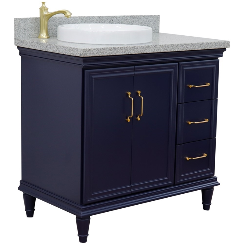 37 in. Single Wooden Vanity  Blue Gray Granite Round Left Door.Left Sink