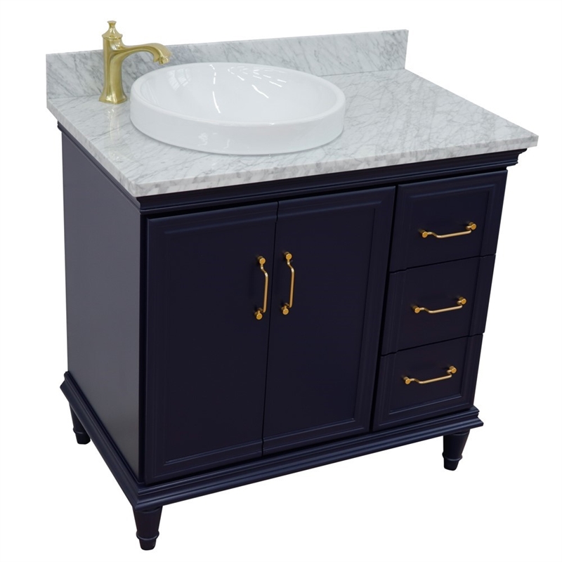 37 in. Single Wooden Vanity  Blue White Carrara Round Left Door.Left Sink