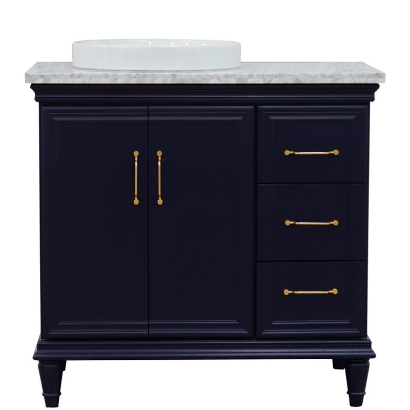 37 in. Single Wooden Vanity  Blue White Carrara Round Left Door.Left Sink