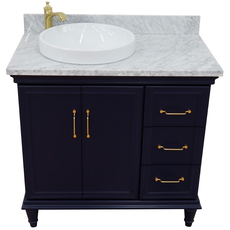 37 in. Single Wooden Vanity  Blue White Carrara Round Left Door.Left Sink