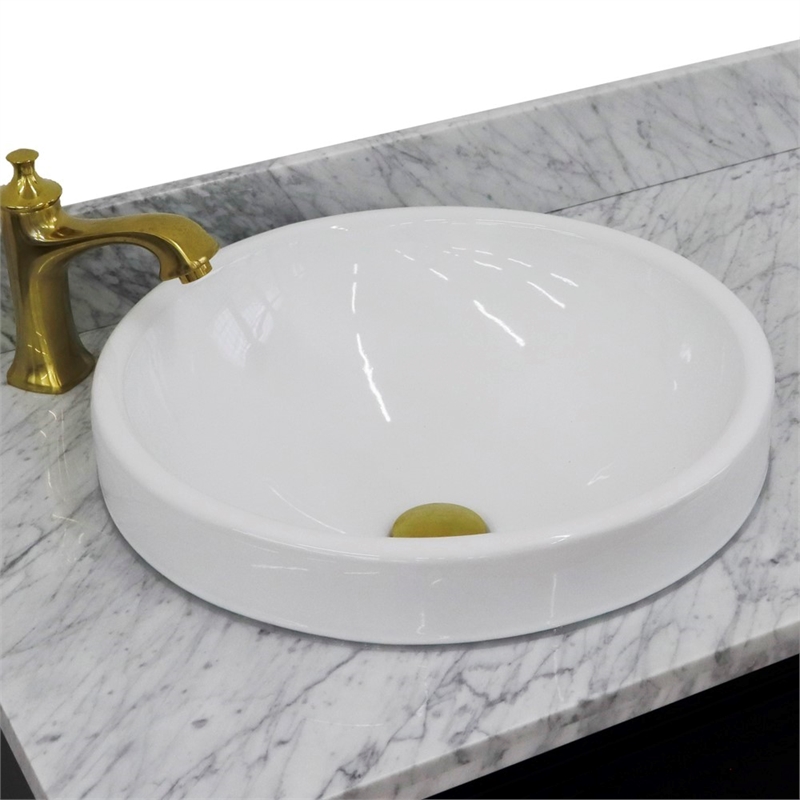 37 in. Single Wooden Vanity  Blue White Carrara Round Left Door.Left Sink