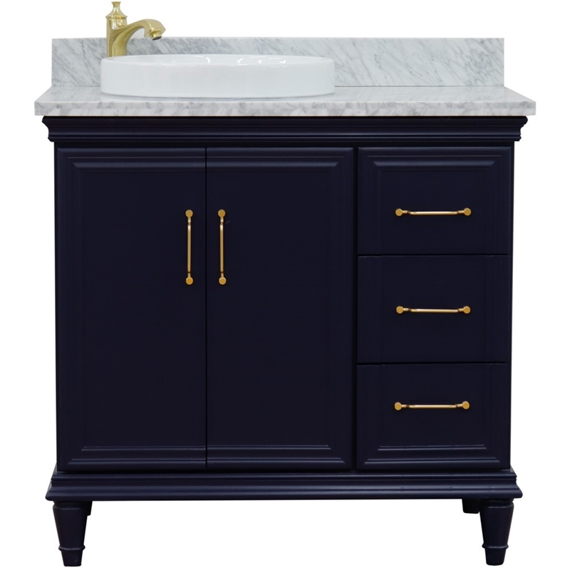 37 in. Single Wooden Vanity  Blue White Carrara Round Left Door.Left Sink