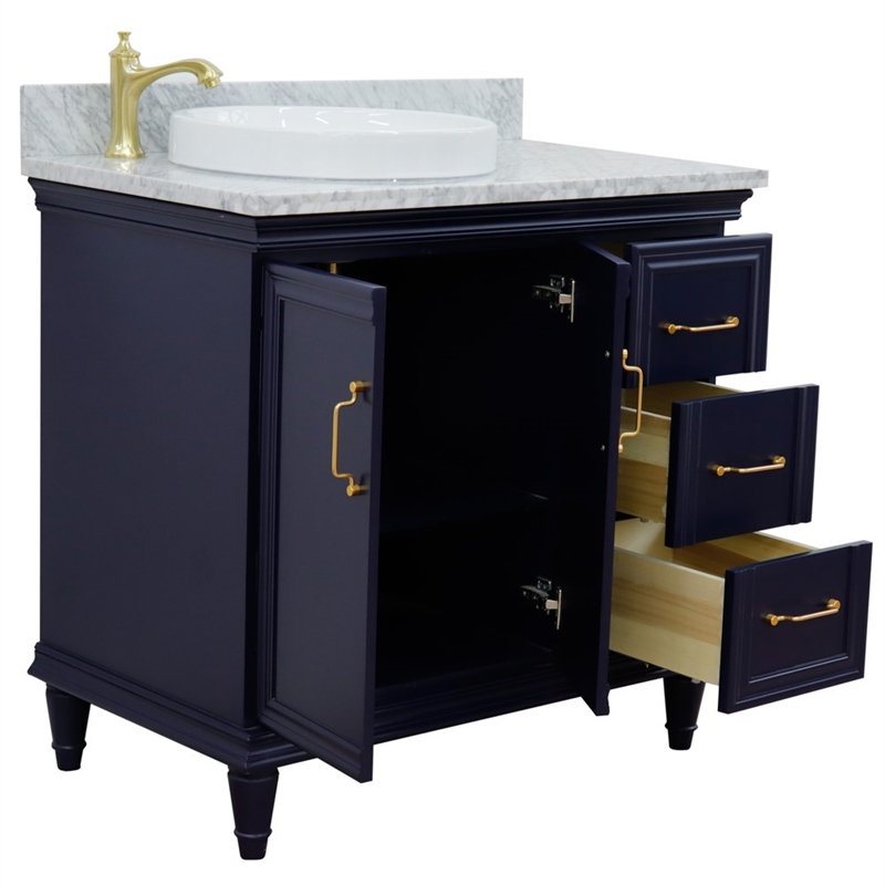 37 in. Single Wooden Vanity  Blue White Carrara Round Left Door.Left Sink