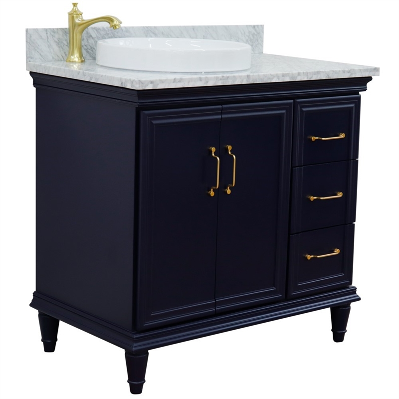37 in. Single Wooden Vanity  Blue White Carrara Round Left Door.Left Sink