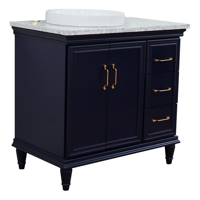 37 in. Single Wooden Vanity  Blue White Carrara Round Left Door.Left Sink
