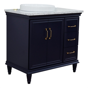 37 in. Single Wooden Vanity  Blue White Carrara Round Left Door.Left Sink