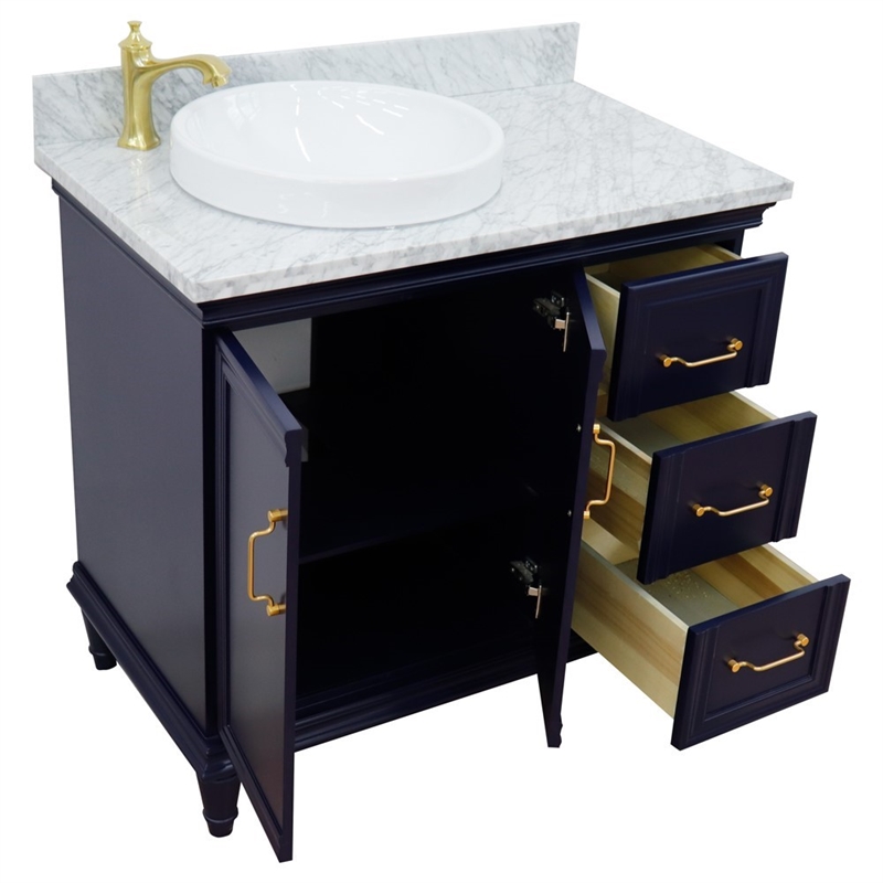 37 in. Single Wooden Vanity  Blue White Carrara Round Left Door.Left Sink