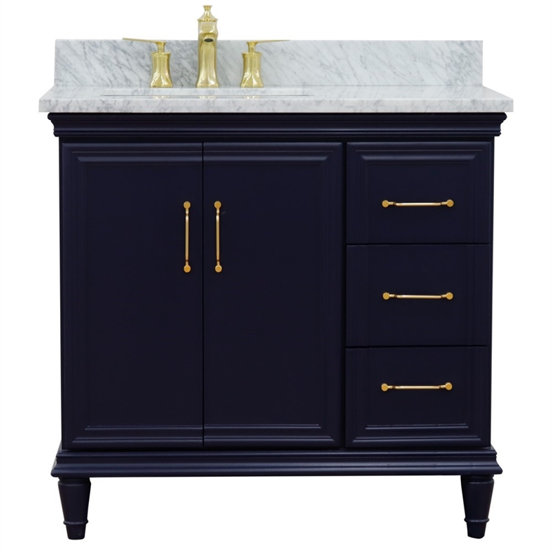 37 in. Single Wooden Vanity  Blue White Carrara Rectangle Left Door.Left Sink