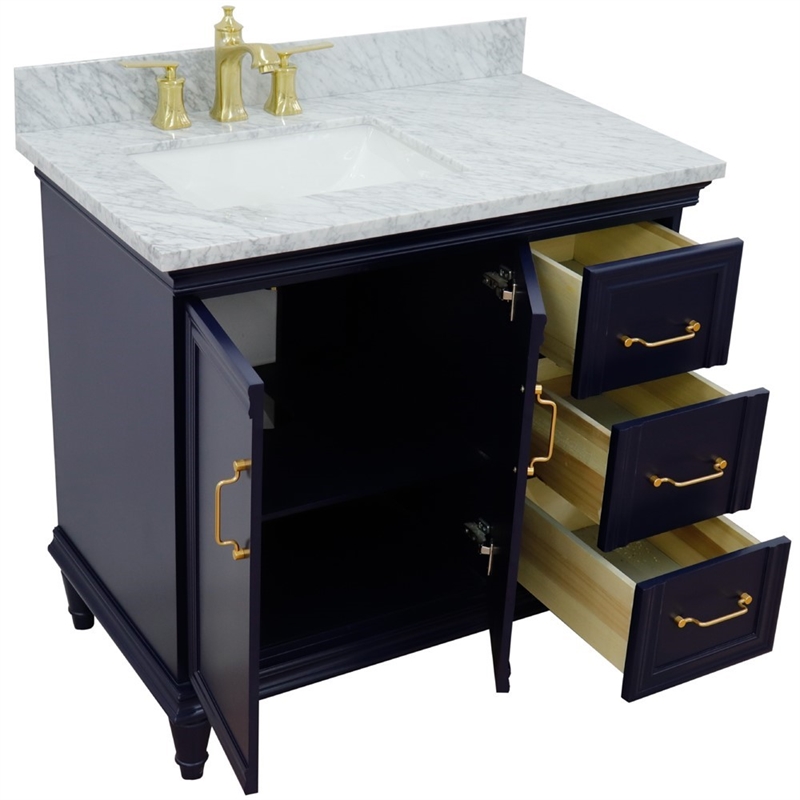 37 in. Single Wooden Vanity  Blue White Carrara Rectangle Left Door.Left Sink