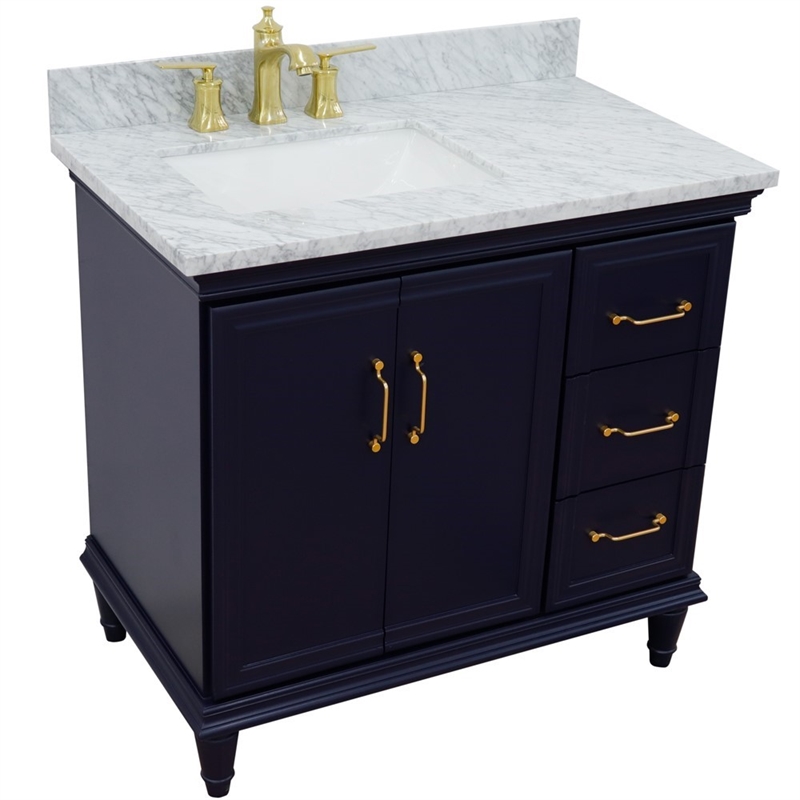 37 in. Single Wooden Vanity  Blue White Carrara Rectangle Left Door.Left Sink
