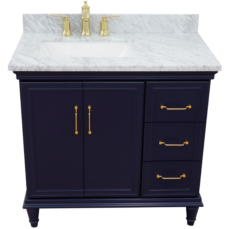 37 in. Single Wooden Vanity  Blue White Carrara Rectangle Left Door.Left Sink